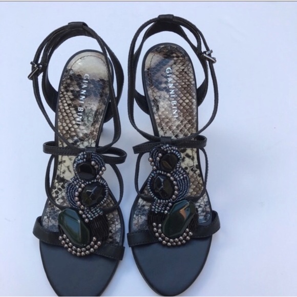 GIANNI BINI BLACK STRAPPY Embellished Stone Heels - Picture 3 of 7